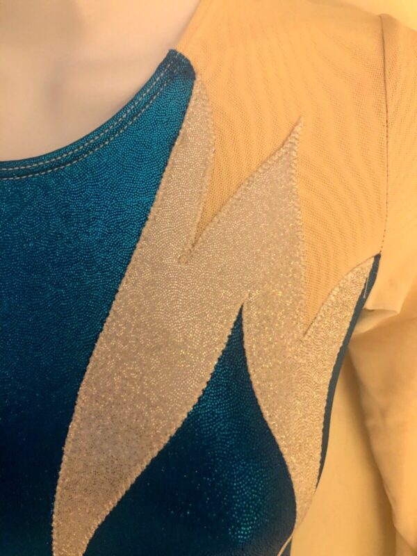 GK ADULT SMALL LgSLV ELECTRIC BLUE FOIL NUDE MESH SILVER GYMNASTIC LEOTARD Sz AS - Image 2