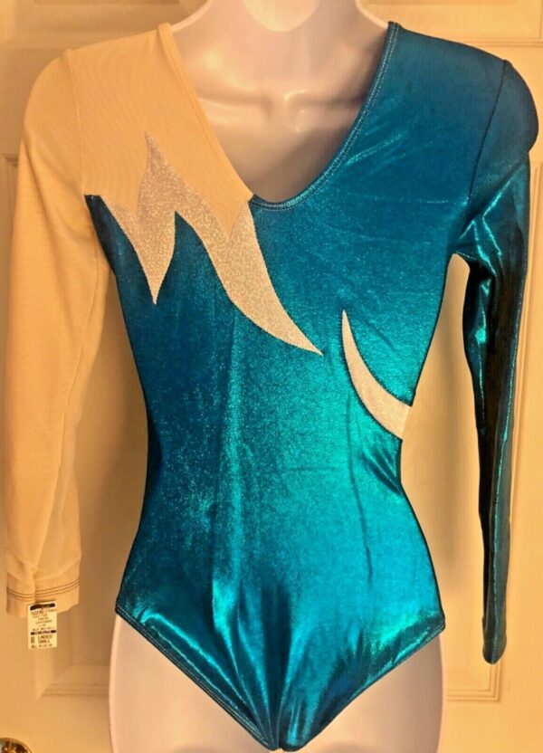 GK ADULT SMALL LgSLV ELECTRIC BLUE FOIL NUDE MESH SILVER GYMNASTIC LEOTARD Sz AS - Image 5