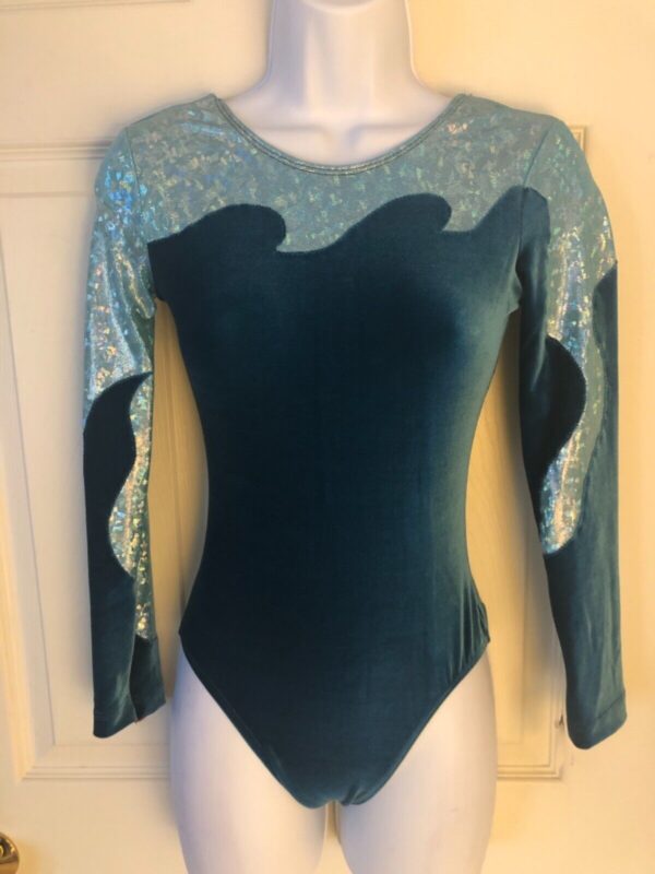 GK LgSLV LADIES SMALL GREEN VELVET AQUA FOIL GYMNASTIC DANCE LEOTARD Sz AS NWT!