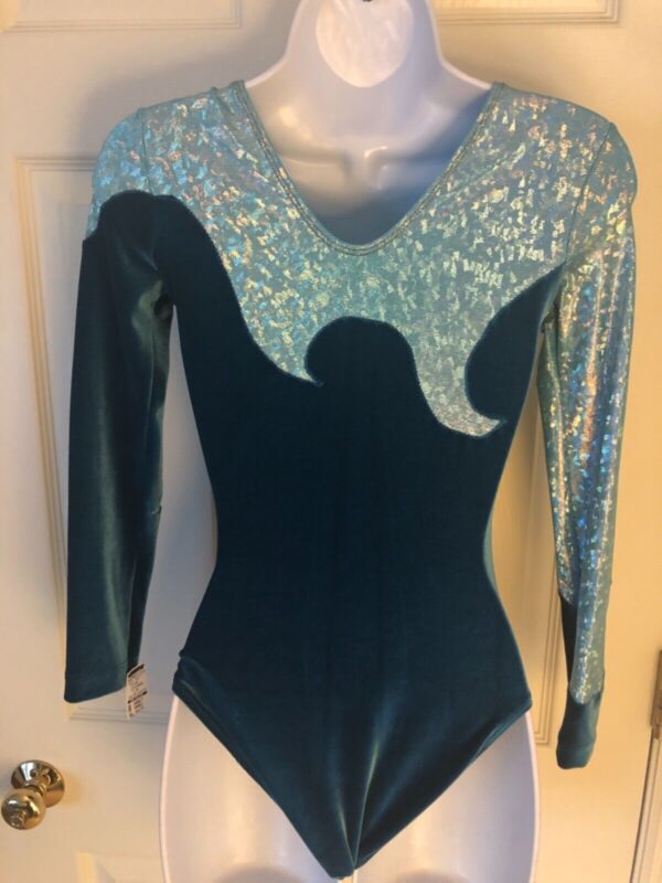 GK LgSLV LADIES SMALL GREEN VELVET AQUA FOIL GYMNASTIC DANCE LEOTARD Sz AS NWT! - Image 4