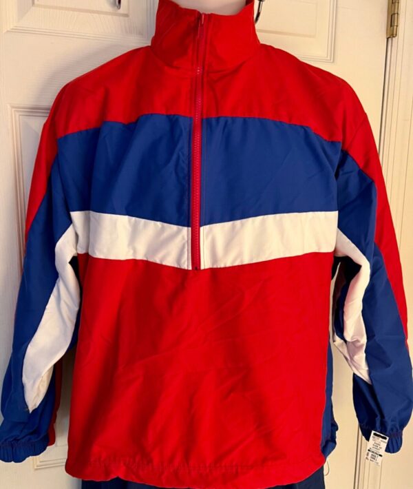 GK ADULT SMALL RED BLUE MICROFIBER GYMNASTSATHLETES WARM UP PULLOVER JACKET Sz S