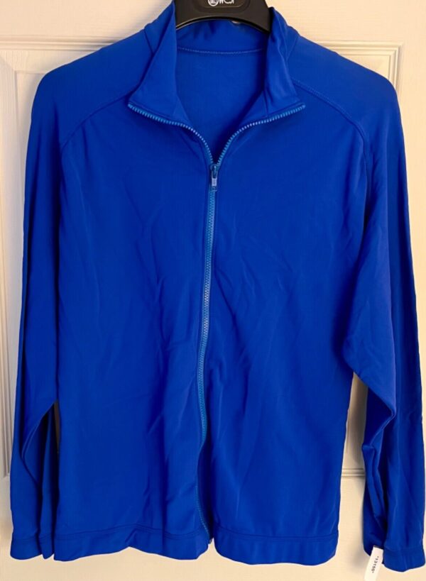 GK WARM UP JACKET ADULT LARGE BLUE BRUSHED TRICOT GYMNAST SKATE CHEER GYM SZ L