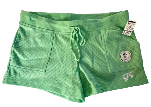 GK JUNIOR SMALL GREEN COTTON/POLY GYMNASTS CHEER ATHLETIC CUT SPORT SHORTS SZ S