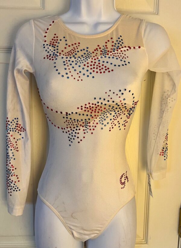 GK LADIES X-SMALL LgSLV WHITE SPARKLE MESH RED/BLUE JA GYMNASTS DANCE LEOTARD XS