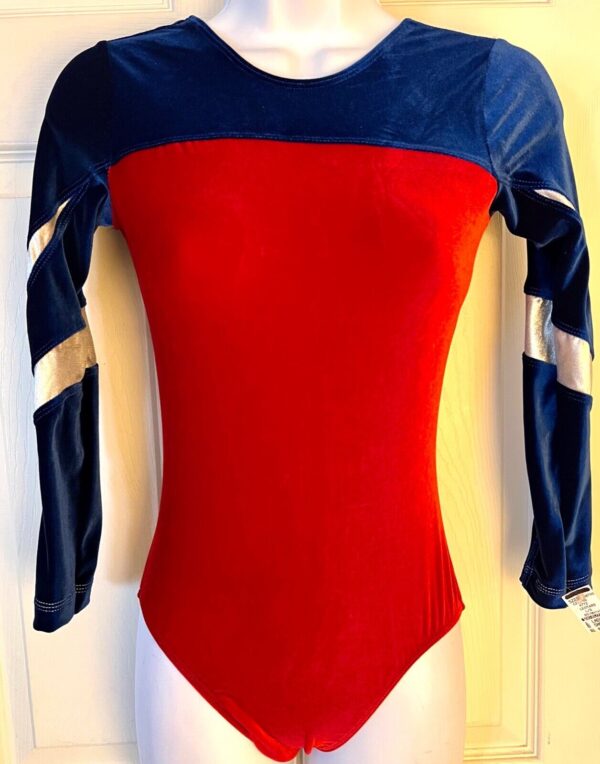 GK RED BLUE VELVET ADULT SMALL LgSLV SILVER METAL GYMNAST DANCE LEOTARD Sz AS