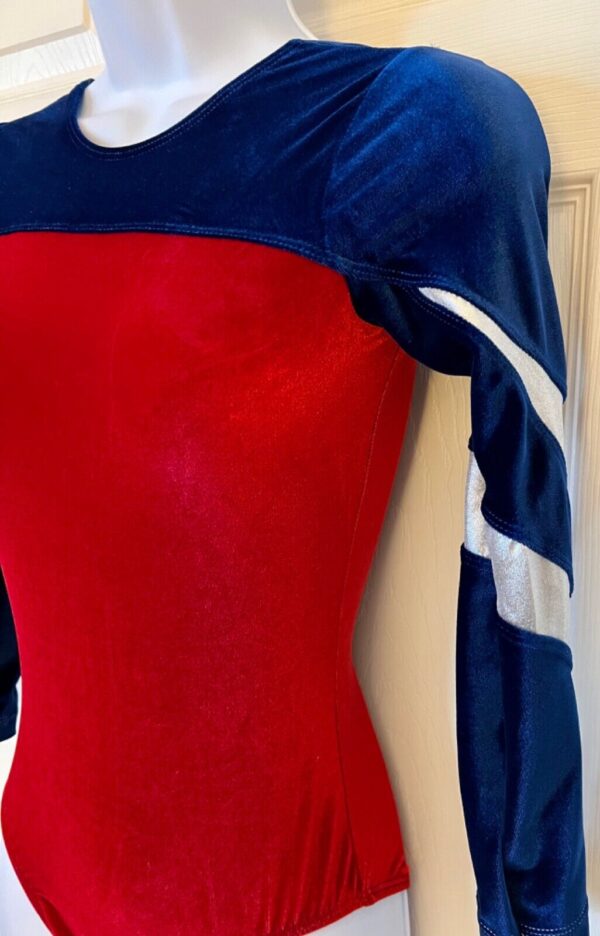 GK RED BLUE VELVET ADULT SMALL LgSLV SILVER METAL GYMNAST DANCE LEOTARD Sz AS - Image 5