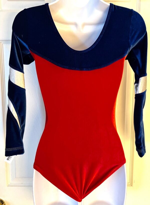 GK RED BLUE VELVET ADULT SMALL LgSLV SILVER METAL GYMNAST DANCE LEOTARD Sz AS - Image 6