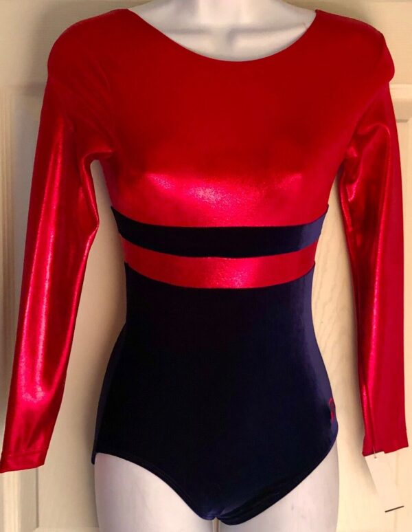 GK Elite LgS NAVY VELVET RED FOIL GYMNASTICS DANCE LEOTARD AXS