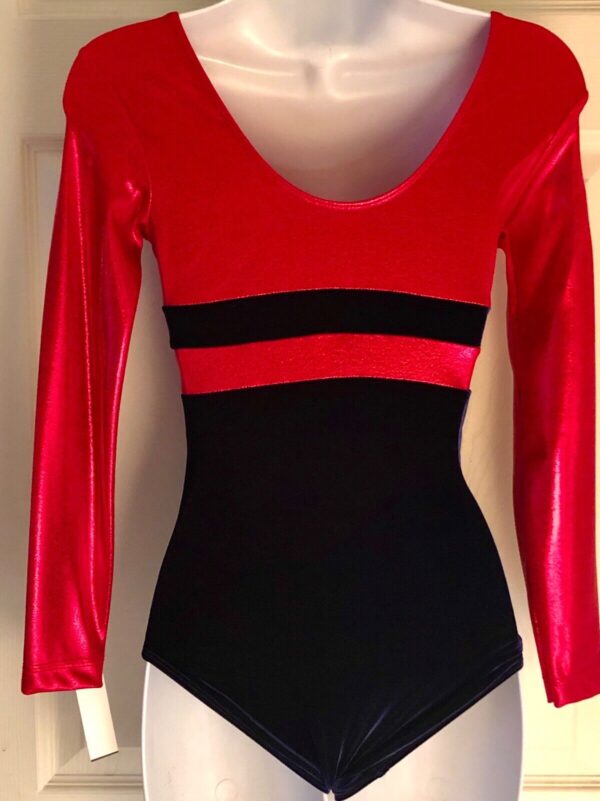 GK Elite LgS NAVY VELVET RED FOIL GYMNASTICS DANCE LEOTARD AXS - Image 2