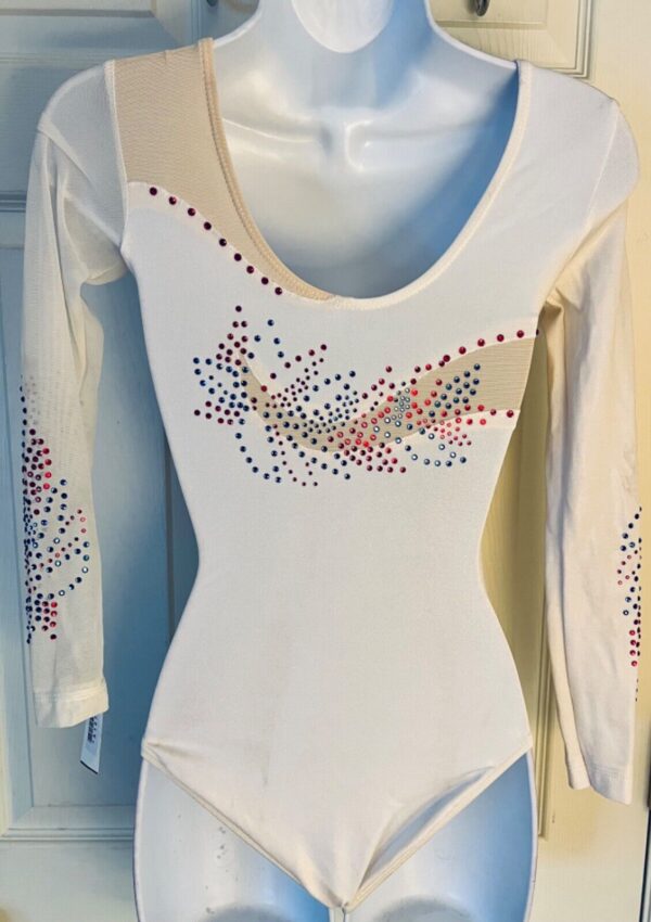 GK LADIES X-SMALL LgSLV WHITE SPARKLE MESH RED/BLUE JA GYMNASTS DANCE LEOTARD XS - Image 8