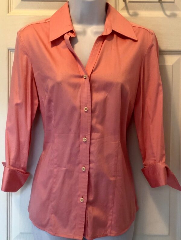 TALBOTS STRETCH CORAL LADIES SMALL BUTTON UP COLLAR 3/4 SLV BLOUSE Sz S EUC!