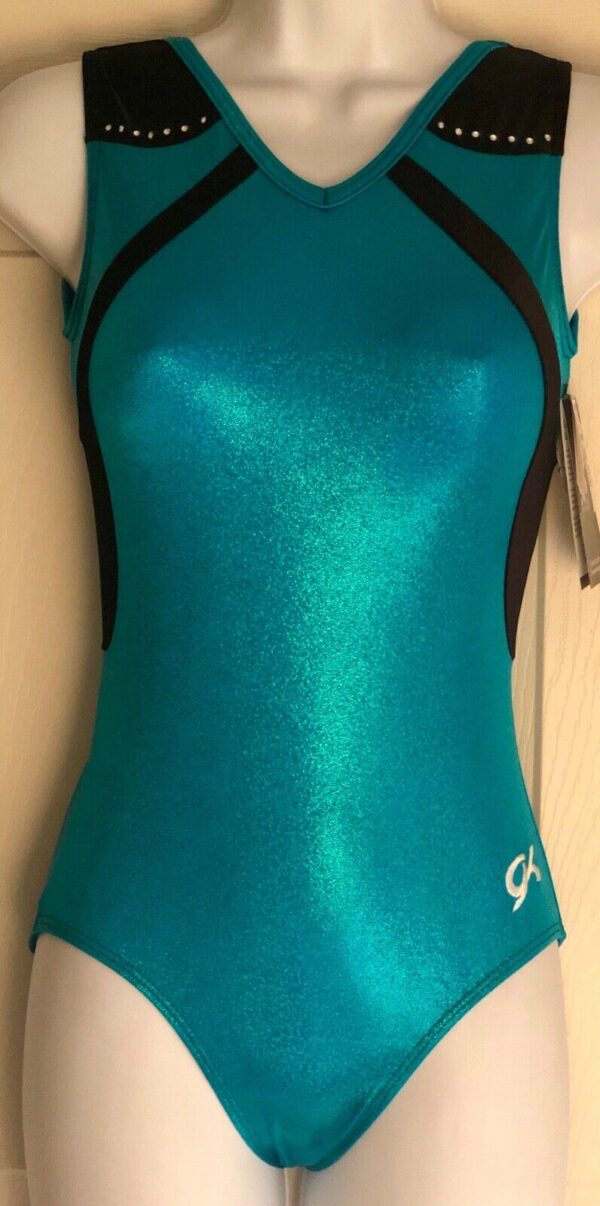 GK Elite Seaglass Sparkle Black Velvet Gymnastic Leotard Size AS