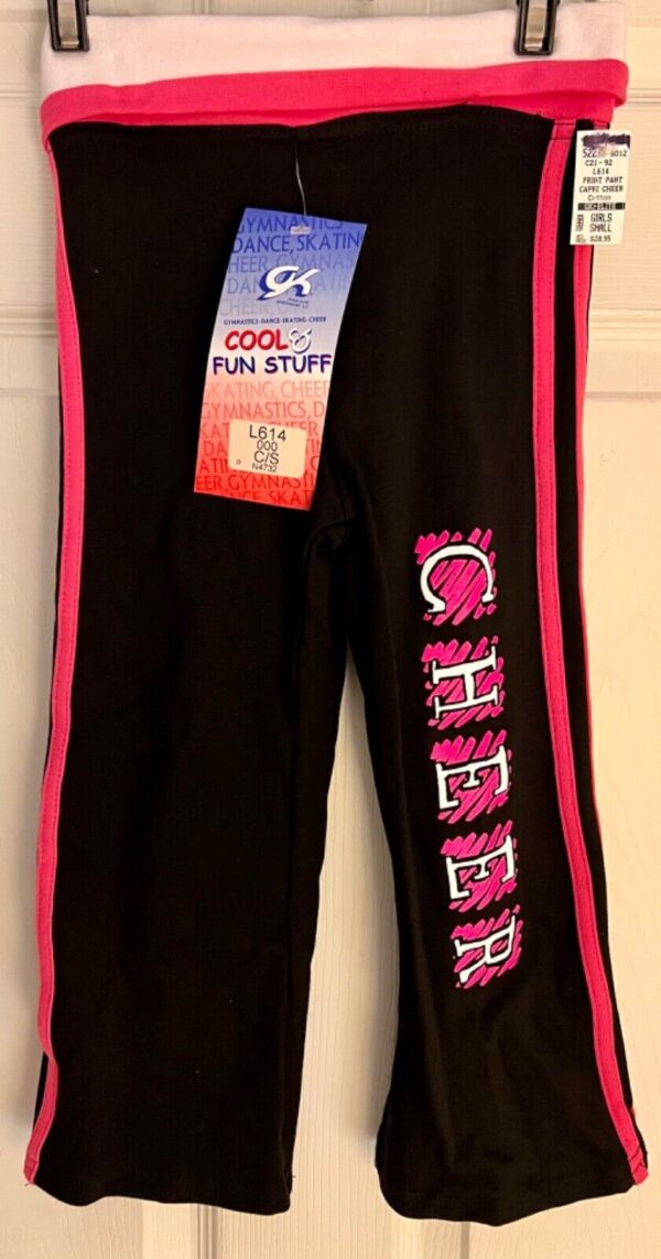 GK "CHEER" GRAPHIC GIRLS SMALL BLACK COTTON/SPANDEX PINK TRIM FOLD WAIST Sz CS