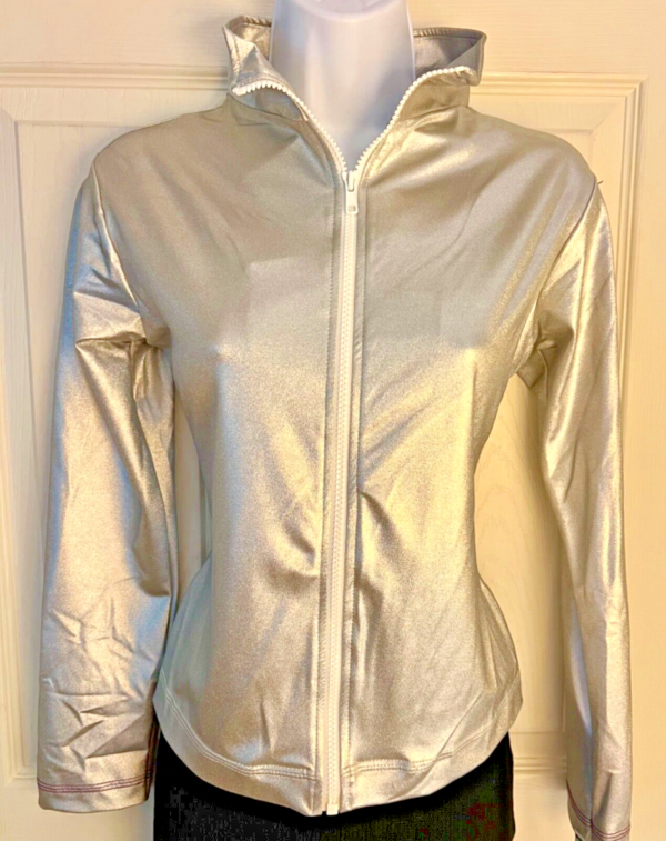 GK WARM UP JACKET ADULT SMALL SILVER METALLIC ZIP FRONT GYMNASTICS DANCE CHEER S