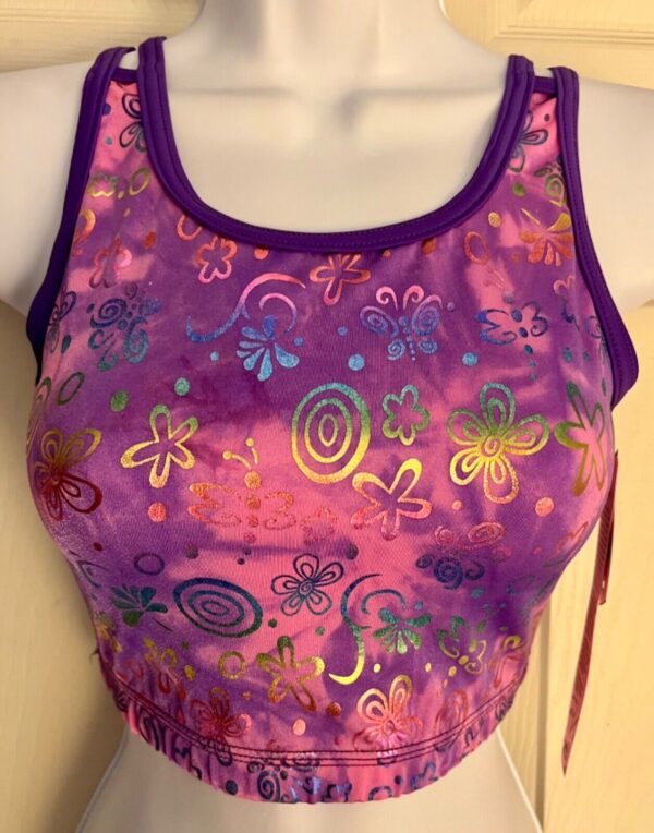 GK JAZZ DANCE CHEER ADULT MEDIUM PURPLE PINK TIE DYE FOIL PRINT TANK CROP TOP M