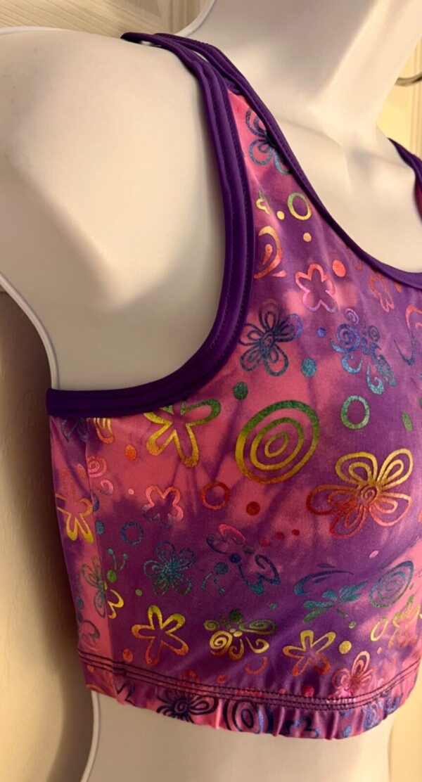 GK JAZZ DANCE CHEER ADULT MEDIUM PURPLE PINK TIE DYE FOIL PRINT TANK CROP TOP M - Image 3