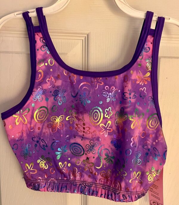 GK JAZZ DANCE CHEER ADULT MEDIUM PURPLE PINK TIE DYE FOIL PRINT TANK CROP TOP M - Image 6