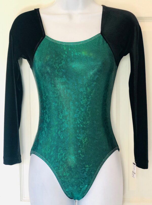 GK LgS LADIES SMALL BLACK VELVET GREEN FOIL GYMNASTICS DANCE LEOTARD AS NWT!