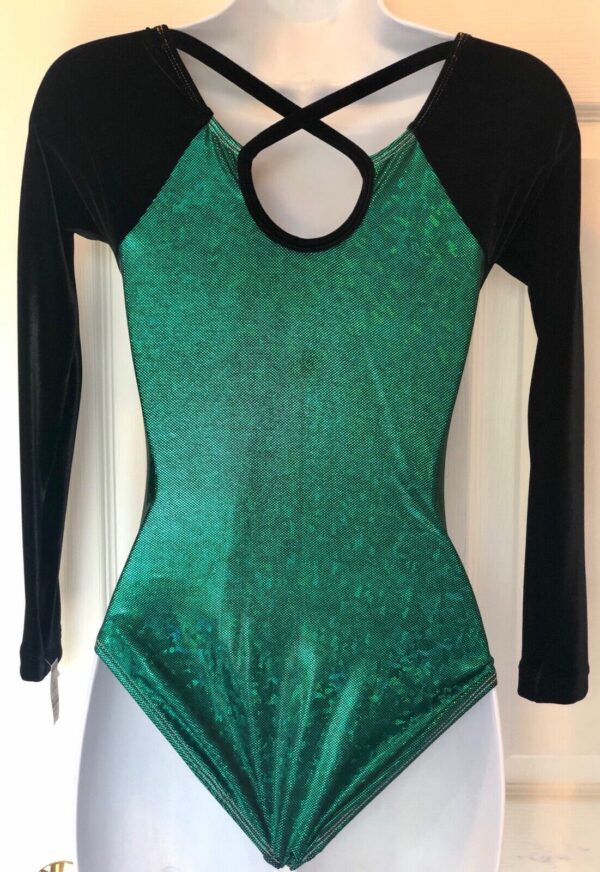 GK LgS LADIES SMALL BLACK VELVET GREEN FOIL GYMNASTICS DANCE LEOTARD AS NWT! - Image 2