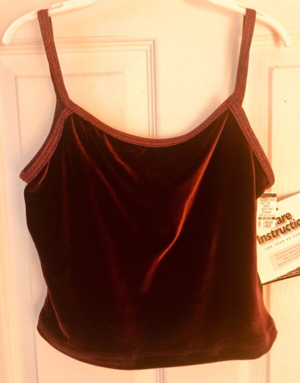 GK DANCE JAZZ LADIES LARGE WINE VELVET X-BACK FOIL STRAPS CAMISOLE TOP Sz AL NWT - Image 6