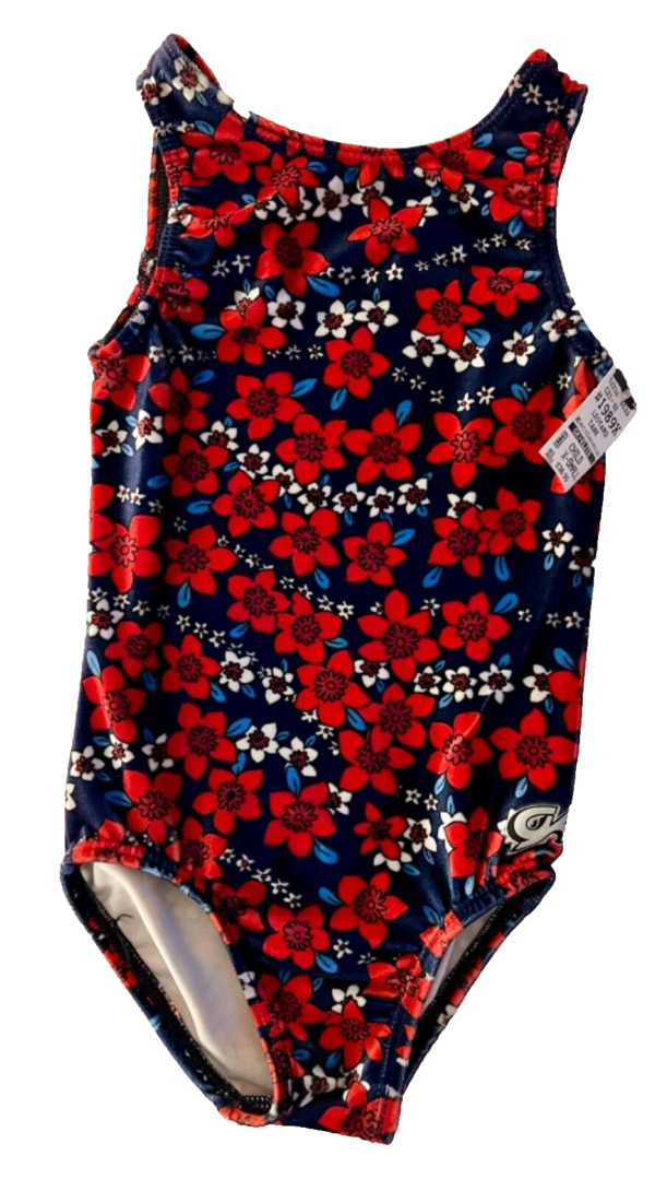 GK GREEN CHILD X-SMALL NAVY RED FLORAL PRINT VELVET GYMNASTDANCE TANK LEOTARD XS - Image 8