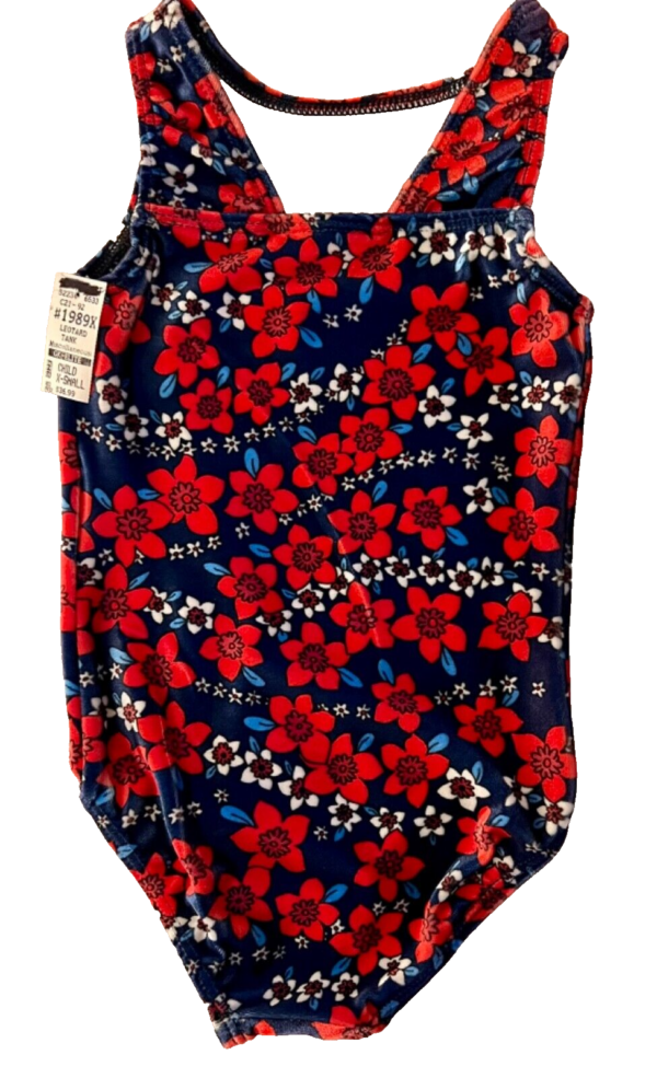 GK GREEN CHILD X-SMALL NAVY RED FLORAL PRINT VELVET GYMNASTDANCE TANK LEOTARD XS - Image 9