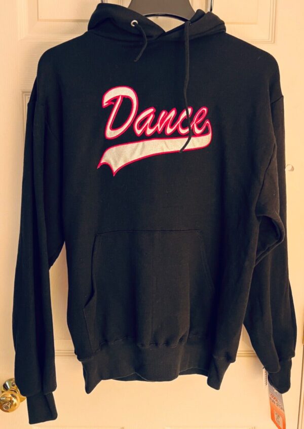 GK ELITE DANCE ADULT MEDIUM SWEATSHIRT HOODIE BLACK GLITZY DANCE LOGO Sz M NWT!