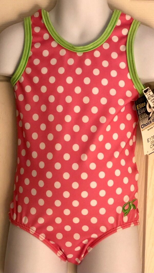 GK Elite PINK POLKA CHILD X-SMALL LIME TRIM BOW TANK GYMNASTIC DANCE LEOTARD CXS