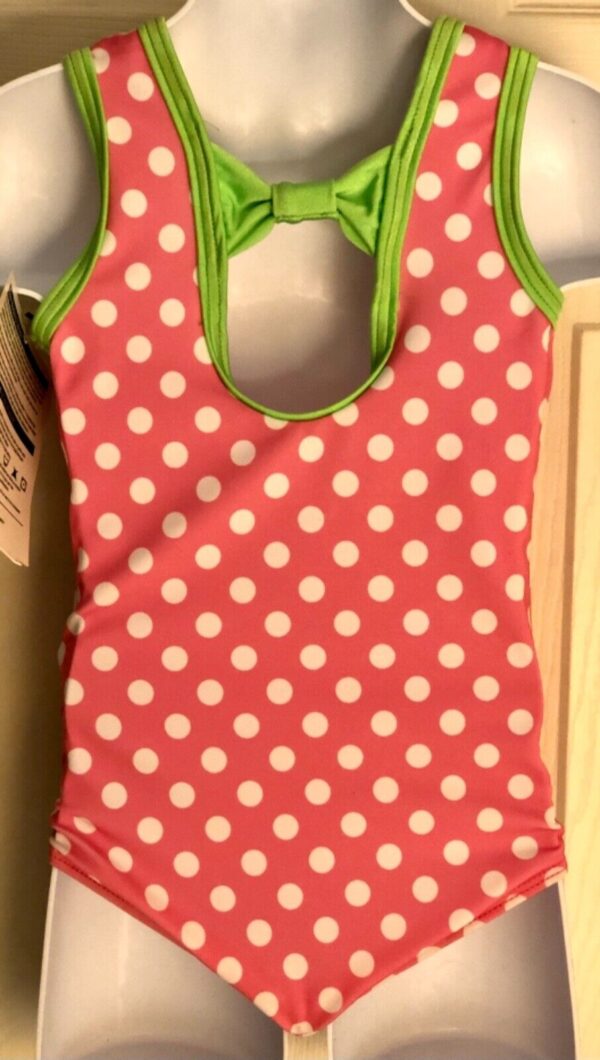 GK Elite PINK POLKA CHILD X-SMALL LIME TRIM BOW TANK GYMNASTIC DANCE LEOTARD CXS - Image 2