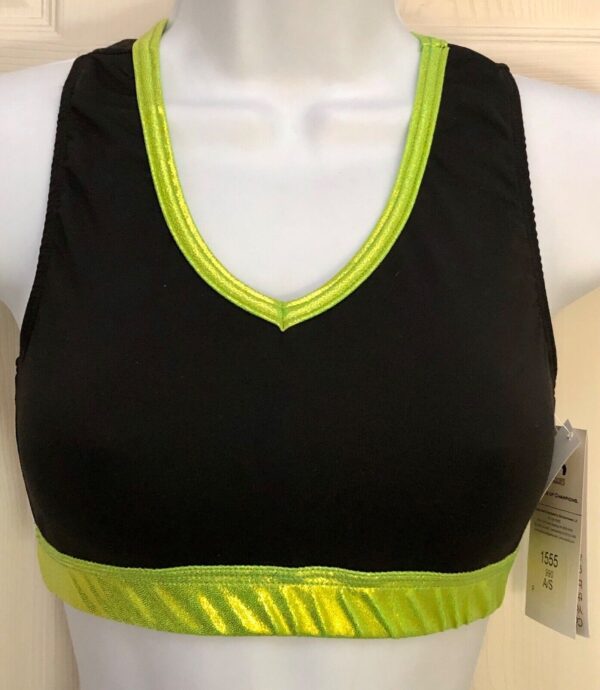 GK ELITE CHEER CROP TOP ADULT SMALL LEMON LIME FOIL TRIMMED V-NECK DRYTECH AS