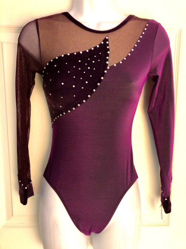 GK LgSLV LADIES SMALL EGGPLANT VELVET IRIDESCENT MESH GYMNAST DANCE LEOTARD AS