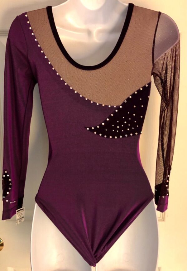 GK LgSLV LADIES SMALL EGGPLANT VELVET IRIDESCENT MESH GYMNAST DANCE LEOTARD AS - Image 6