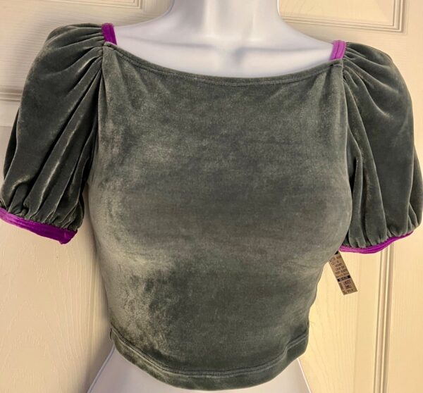 GK SKATE DANCE CHEER  ADULT SMALL DARK PEACOCK VELVET PUFF SLV CROP TOP  Sz S