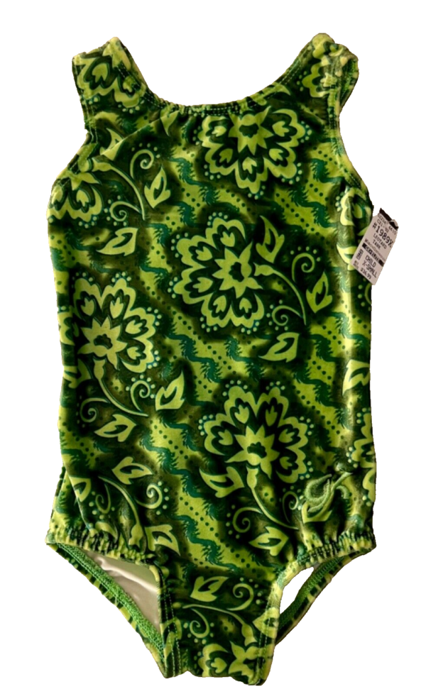 GK GREEN CHILD X-SMALL GREEN FLORAL PRINT VELVET GYMNASTIC DANCE TANK LEOTARD XS - Image 8