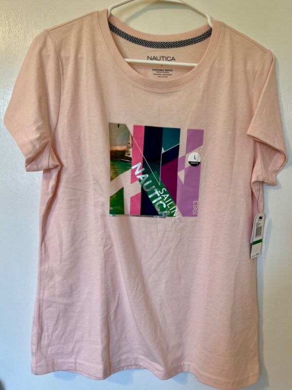 NAUTICA LADIES LARGE SSLV PALE PINK SAILING THEME PRINT T-SHIRT TOP Sz L NWT! - Image 4