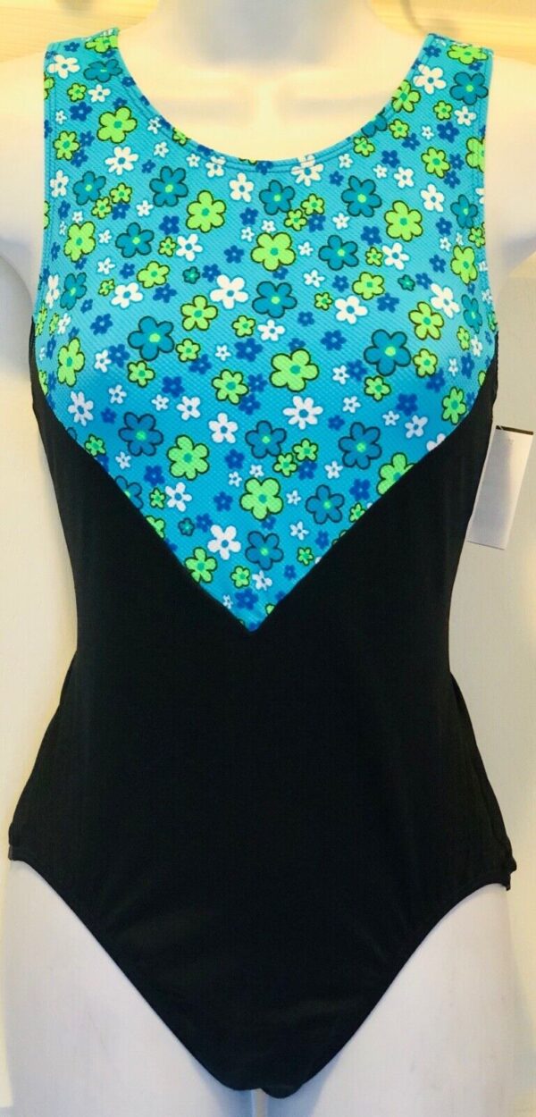 GK BLUE WHITE FLORAL ADULT X-LARGE NYLON GYMNASTICS DANCE TANK LEOTARD AXL NWT!