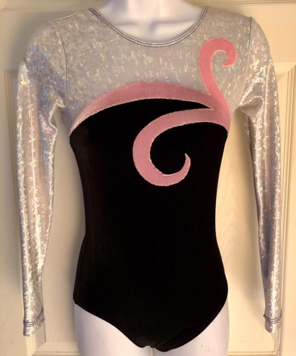 GK Elite LgS SILVER FOIL BLACK VELVET GYMNASTIC DANCE LEO Sz AS