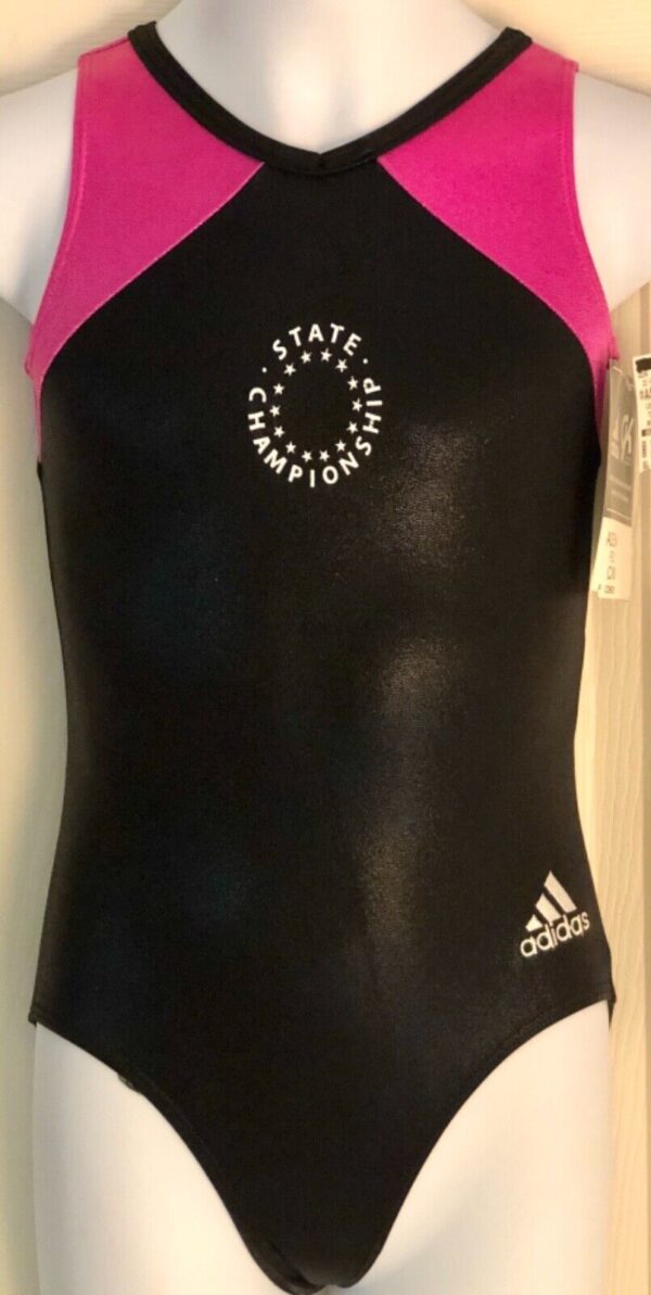 ADIDAS STATE CHAMPS CHILD MEDIUM GK BLACK PINK FOIL GYMNASTICS TANK LEOTARD CM