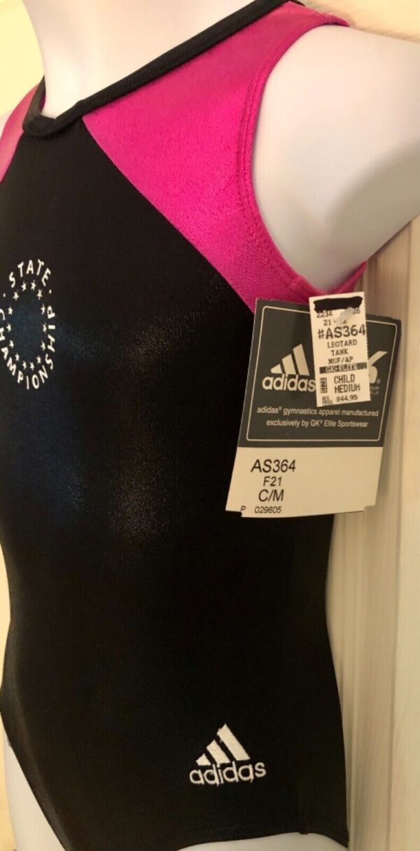 ADIDAS STATE CHAMPS CHILD MEDIUM GK BLACK PINK FOIL GYMNASTICS TANK LEOTARD CM - Image 4