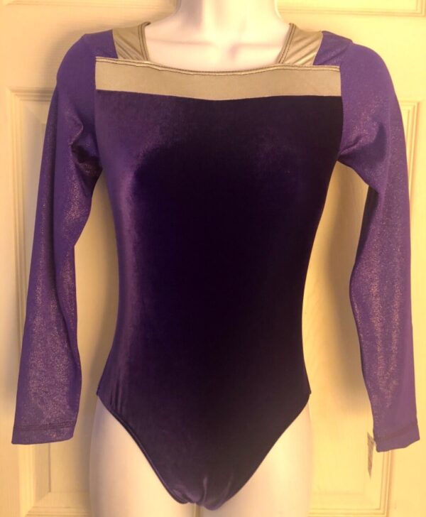 GK ADULT SMALL PURPLE VELVET GLITTER LgSLV SILVER GYMNASTICS DANCE LEOTARD Sz AS