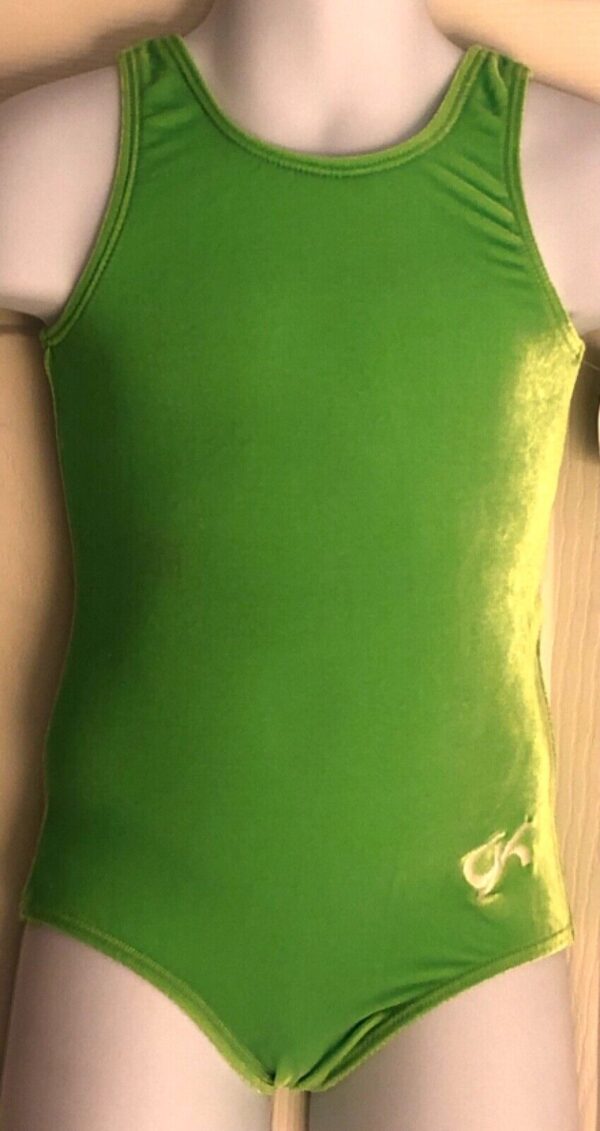 GK Elite GREEN APPLE VELVET CHILD X-SMALL GYMNASTICS DANCE LEOTARD Sz CXS NWT!