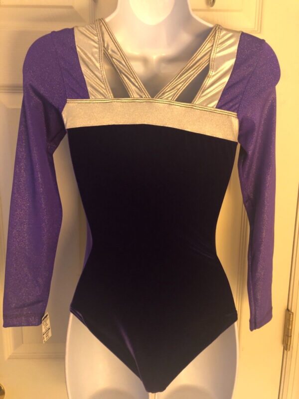 GK ADULT SMALL PURPLE VELVET GLITTER LgSLV SILVER GYMNASTICS DANCE LEOTARD Sz AS - Image 5