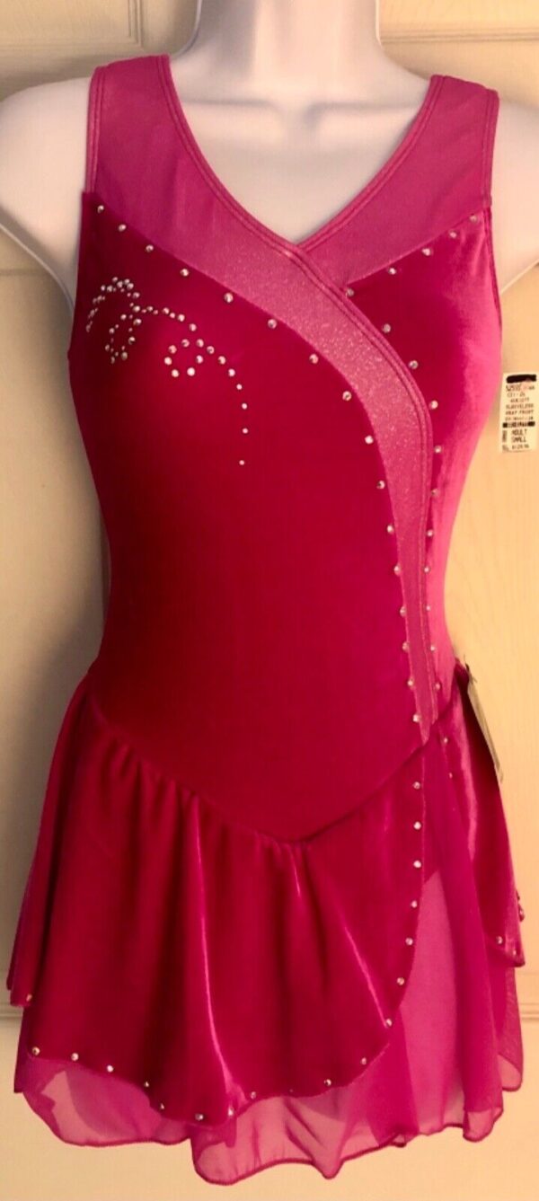 GK ICE FIGURE SKATE PINK VEVET ADULT SMALL SLVLS WRAP MESH SPARKL FOIL DRESS AS