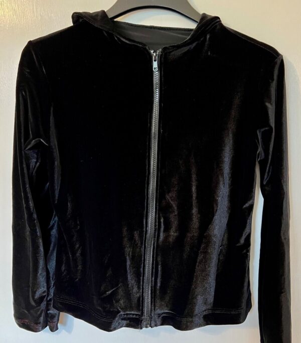 GK WARM UP JACKET LADIES SMALL BLACK VELVET ZIP FRONT HOOD GYM DANCE SKATE Sz S - Image 4