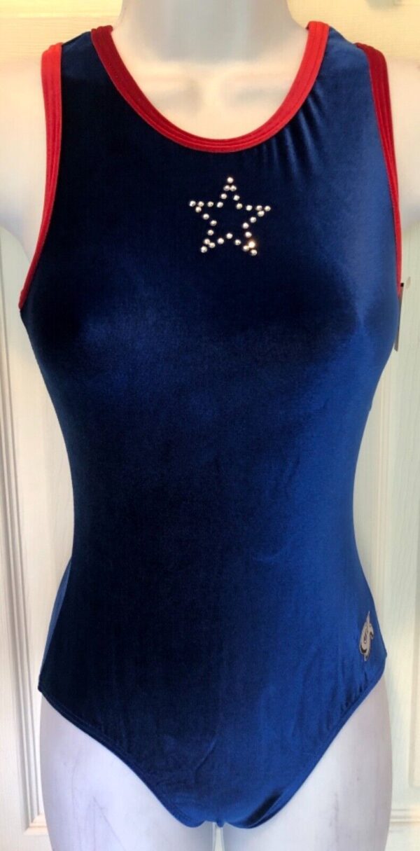 GK SAPPHIRE VELVET ADULT SMALL RACERBACK RED TRIM JA GYMNAST DANCE LEOTARD Sz AS