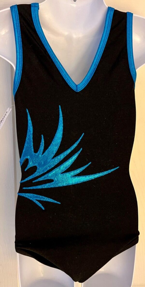 GK GIRLS SMALL BLACK NYLON/SPANDEX TURQUOISE MYSTIQUE GYMNASTICS LEOTARD Sz CS - Image 5