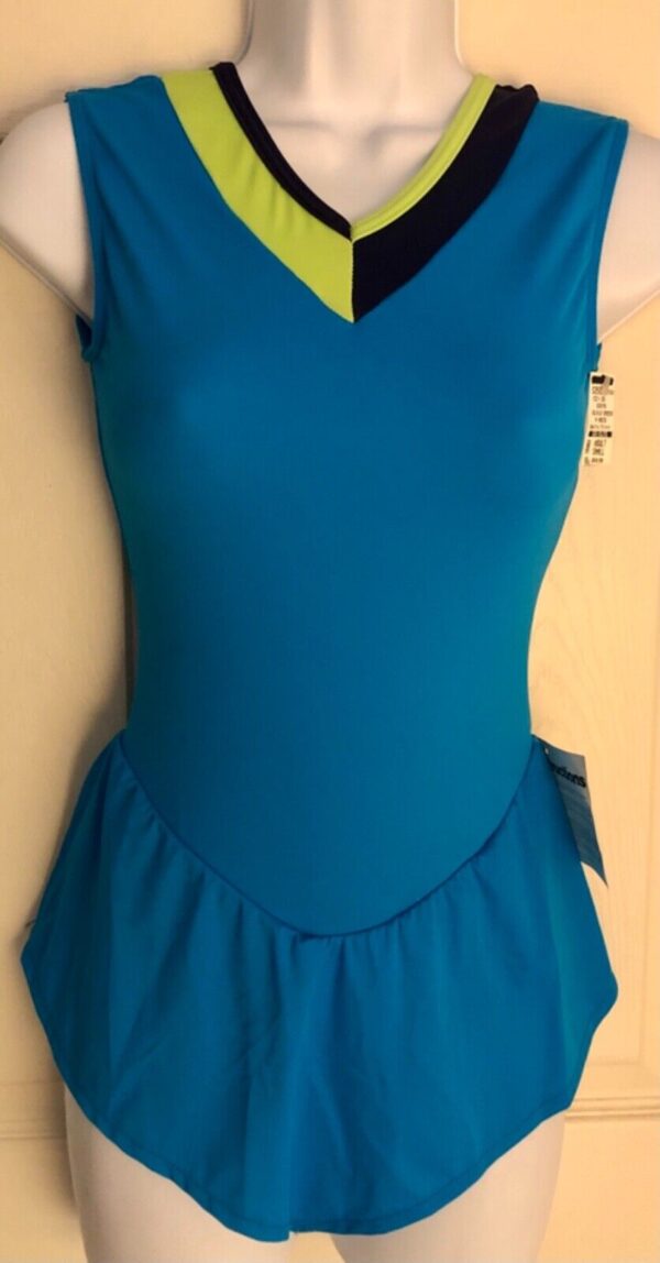 GK ICE FIGURE SKATE LADIES SMALL TURQUOISE MATTE TRICOT V-NECK TANK DRESS Sz AS