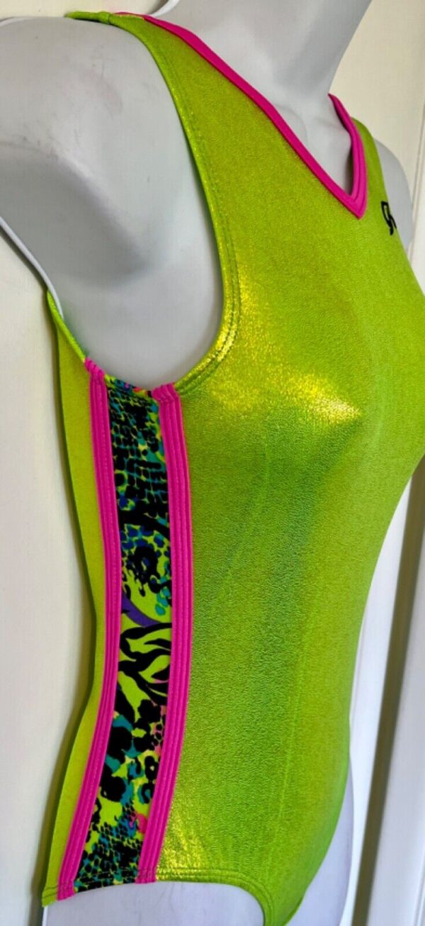 GK LEMONLIME MYSTIQUE ADULT X-SMALL ZOO PRINT FOIL GYMNASTICS DANCE LEOTARD AXS - Image 3