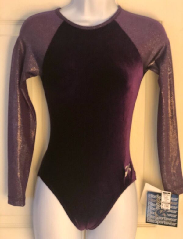 GK LgSLV LADIES X-SMALL EGGPLANT VELVET GLITTER GYMNASTICS DANCE LEOTARD AXS NWT