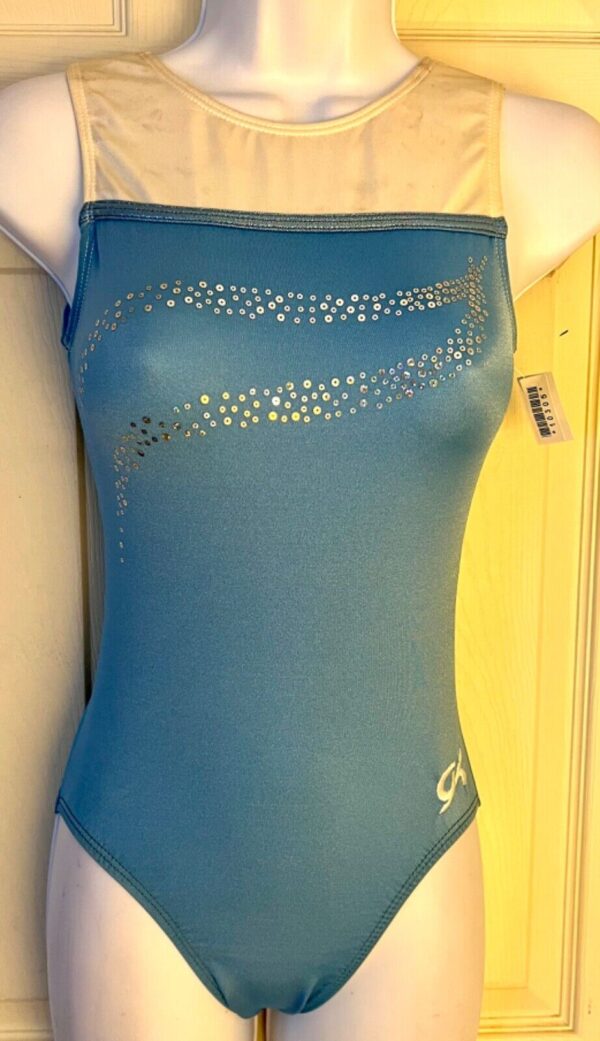 GK ADULT X-SMALL LGT BLUE NYLON/SPAN WHITE FOIL GYMNASTIC DANCE TANK LEOTARD AXS